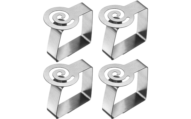 Quatre pièces métalliques identiques couleur argent avec base rectangulaire et découpes en spirale sur le dessus, sur fond blanc