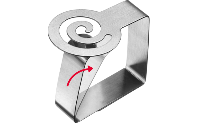 Pièce en acier inoxydable formée d'une tôle plate pliée avec une découpe en spirale sur le dessus, base rectangulaire, flèche courbée rouge sur la face, fond blanc