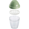 Pièce en plastique verte en forme de dôme en haut, insert circulaire blanc à grille au milieu, récipient cylindrique transparent en plastique avec graduations en bas