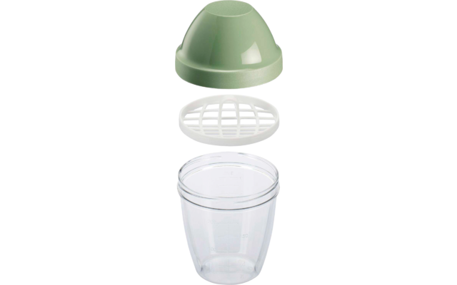 Pièce en plastique verte en forme de dôme en haut, insert circulaire blanc à grille au milieu, récipient cylindrique transparent en plastique avec graduations en bas