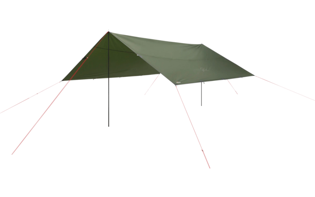 Grünes Campingtarp mit Metallgestänge und roten Abspannleinen auf weißem Hintergrund