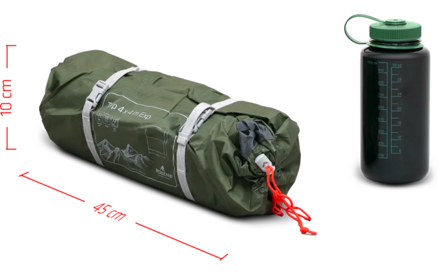 Grüner Trinkbecher mit zwei grünen Taschen, eine zylindrisch, die andere rollenförmig, beide mit roten Zügen am Verschluss