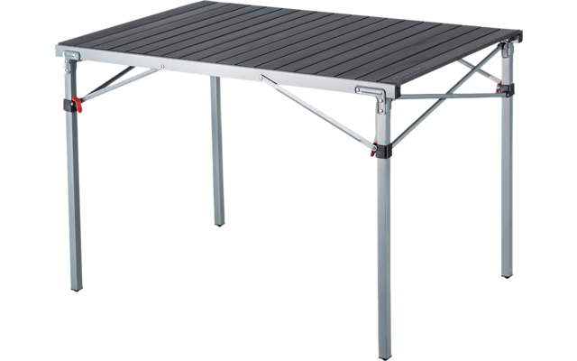 Table de camping pliable avec plateau en métal gris et quatre pieds gris