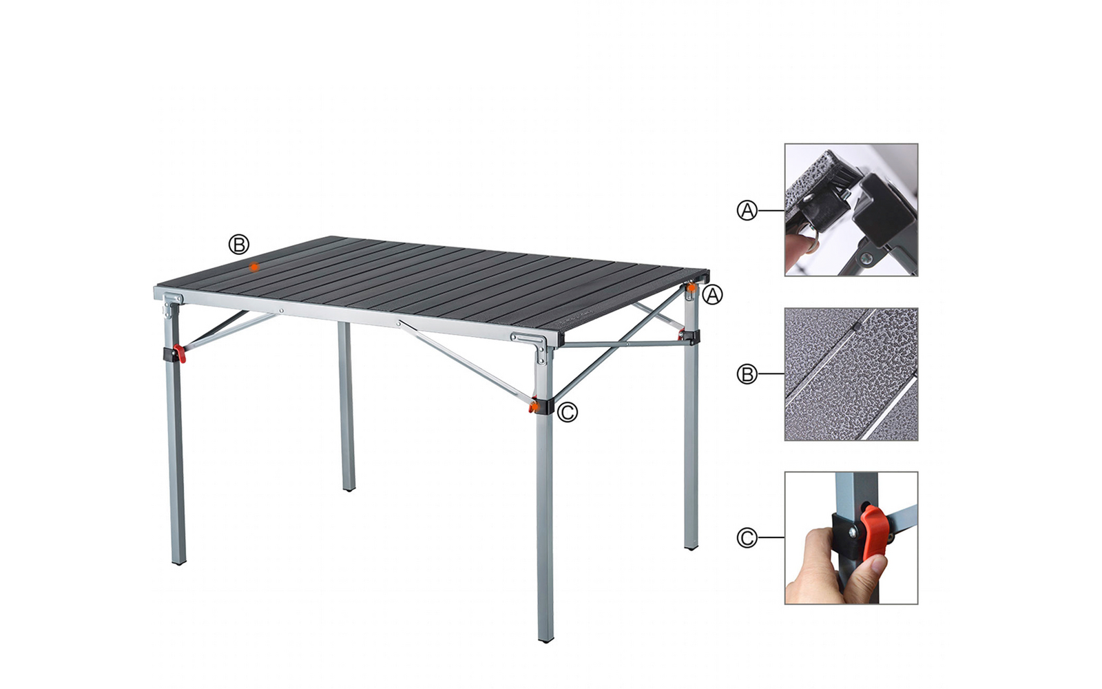 Table de camping pliable avec plateau gris et pieds en métal
