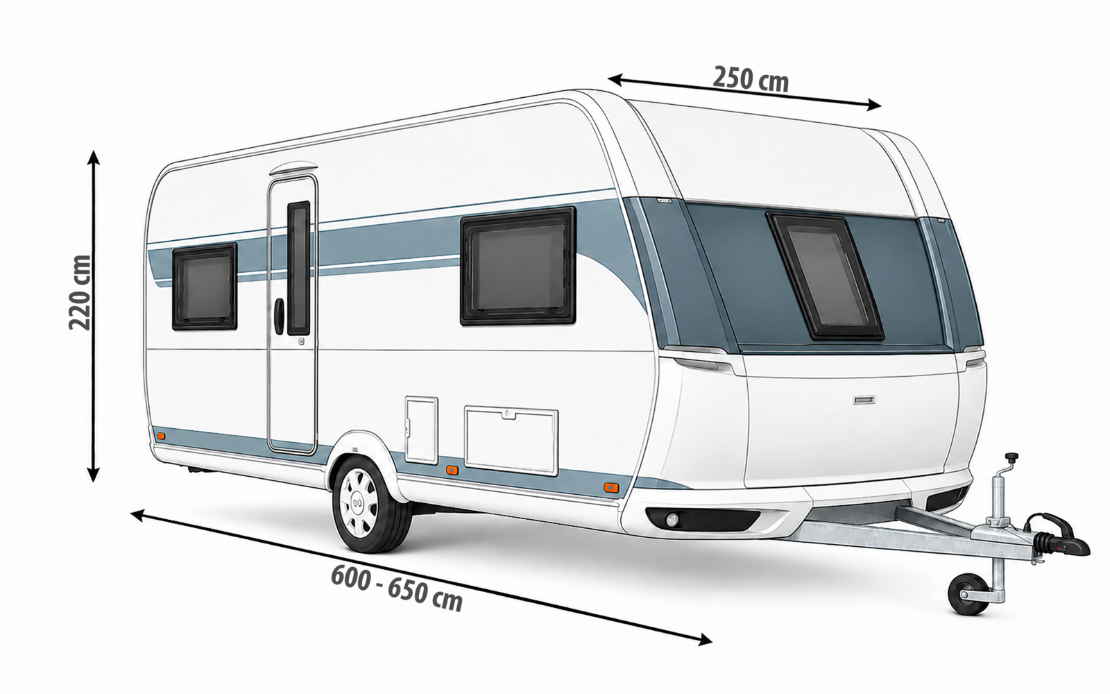 Weißer Wohnwagen mit blauer Zierleiste, Tür, drei Fenstern, Rad, Deichsel und sichtbaren Maßen: Länge 600–650 cm, Höhe 220 cm, Breite 250 cm