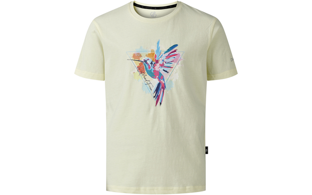 Hellgelbes T-Shirt mit rundem Ausschnitt und kurzen Ärmeln, auf der Brust ein Dreieck mit einem bunten Aquarell-Papagei