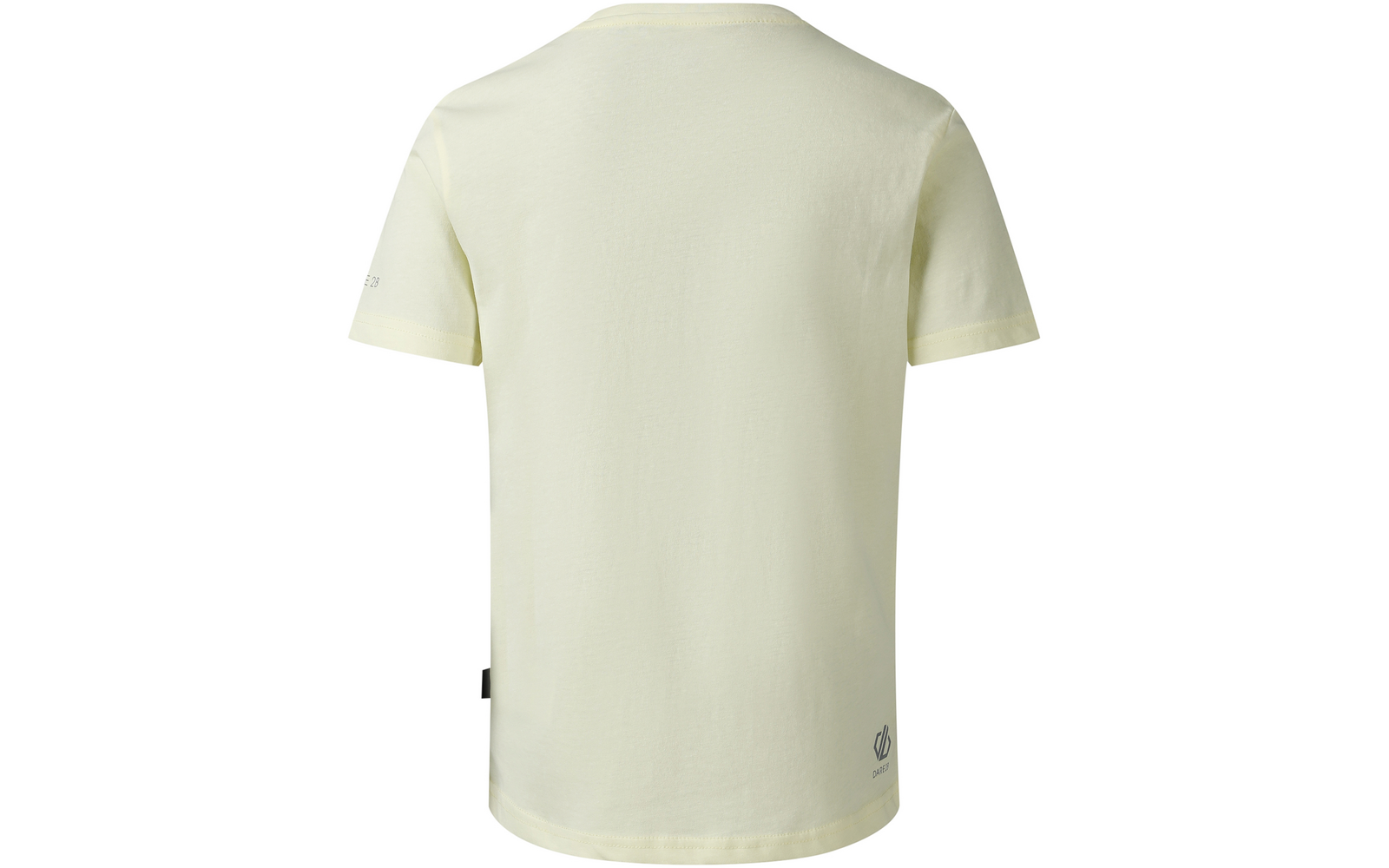 Rückansicht eines hellgelben kurzärmligen T-Shirt auf weißem Hintergrund, Rundhalsausschnitt, kleines schwarzes Seitenschild an der linken Naht und kleines Logo am unteren rechten Saum