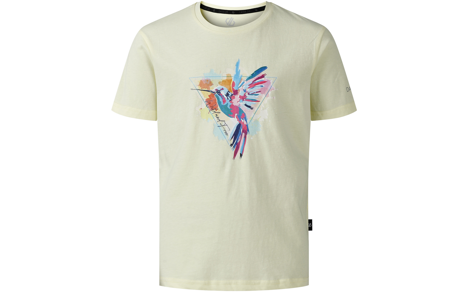 Hellgelbes T-Shirt mit rundem Ausschnitt und kurzen Ärmeln, auf der Brust ein Dreieck mit einem bunten Aquarell-Papagei