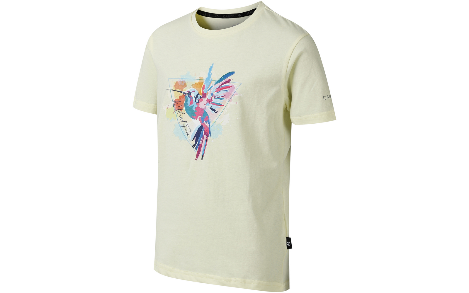 Hellgelbes kurzärmliges T‑Shirt mit Rundhals, vorn großer bunter Papageien‑Print in einem Dreieck mit Aquarell‑Farbklecksen, kleines schwarzes Stoffetikett am Saum