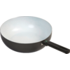Zwarte wok met witte binnenzijde en zwart handvat met groene knop op witte achtergrond