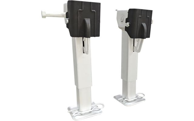 Zwei verstellbare Metallstützen mit schwarzem Kunststoffkopf, rechteckiger Bodenplatte und Steckbolzen