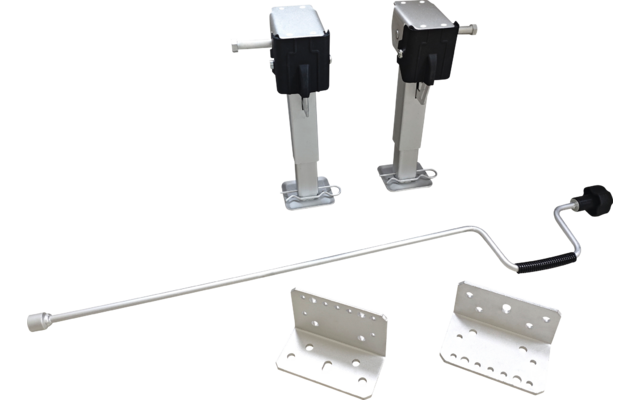 Zwei vertikal stehende Metallstützen mit schwarzen Gehäusen oben, eine lange gebogene Metallkurbel mit schwarzem Griff und zwei gelochte Metallwinkel auf weißem Hintergrund