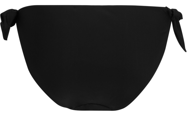 Schwarzer Bikinislip mit seitlichen Bindebändern, Vorderansicht auf weißem Hintergrund