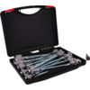 Open black case with red latches containing several long galvanized screws with gray plastic heads and black rubber seals; one screw lies to the right of the case