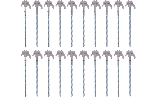 Several identical metal screws with T-shaped heads and long threaded shafts in even rows on a white background