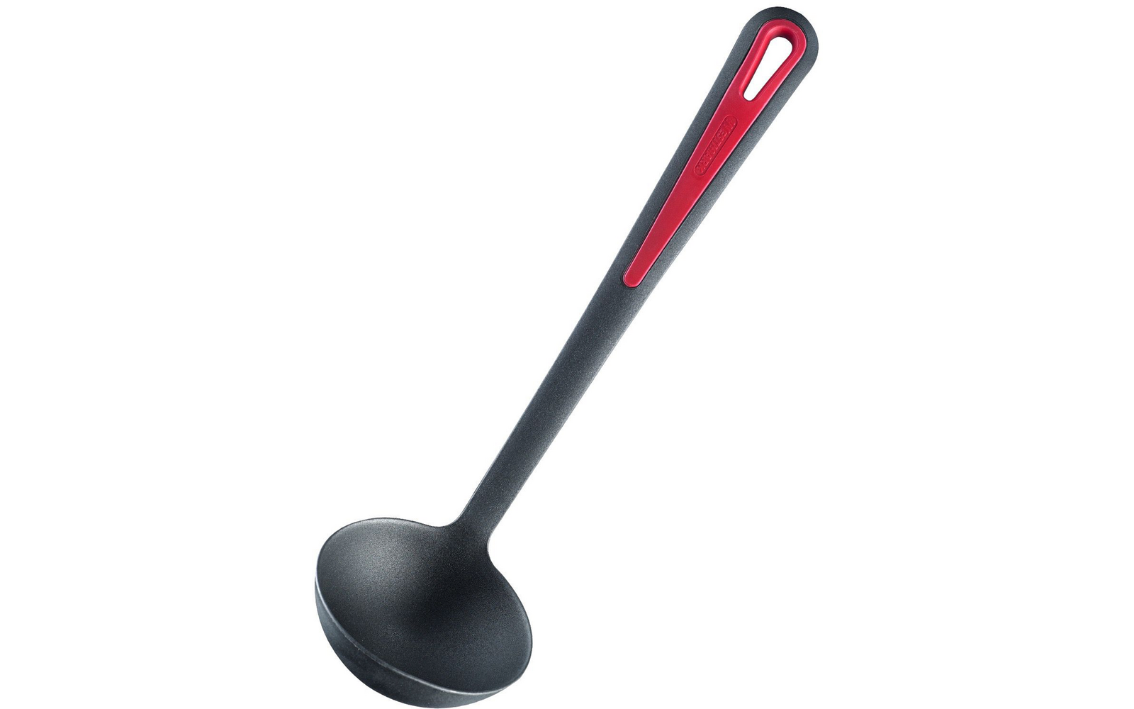 Louche noire avec cuilleron rond et long manche, insert rouge et trou de suspension