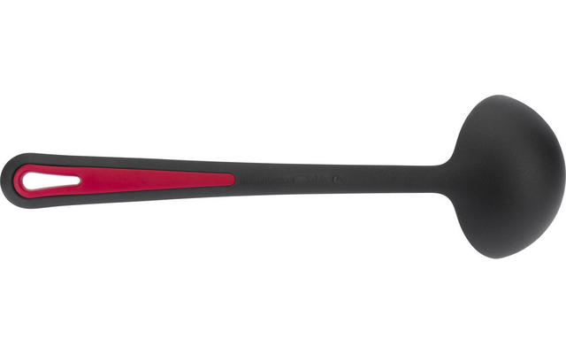 Louche noire avec cuilleron rond, long manche avec insert rouge et trou de suspension