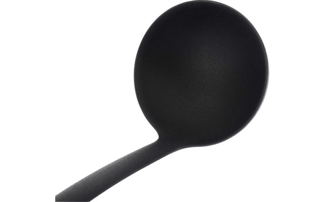 Louche noire avec cuilleron rond et profond sur fond blanc