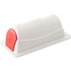 Weiße rechteckige Kunststoffdose mit gewölbtem Deckel, rotem Endstück und flacher weißer Basis