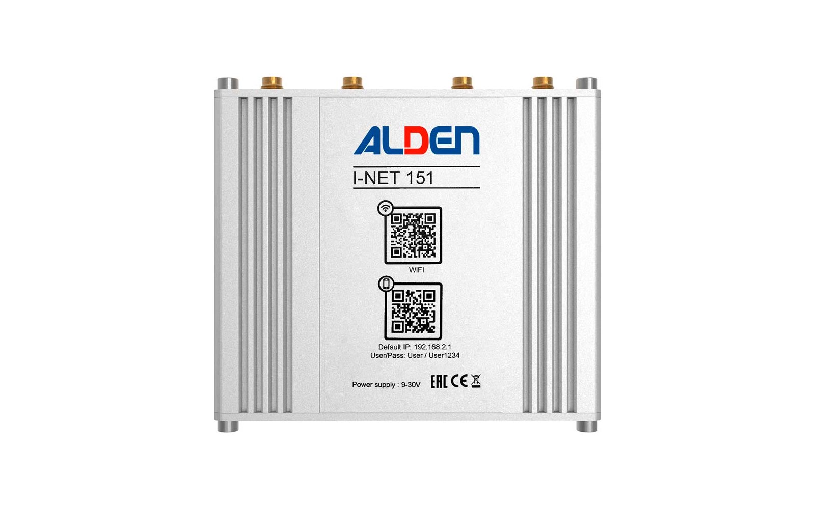 Silbernes rechteckiges Metallgehäuse mit vier goldfarbenen Antennenanschlüssen oben, Aufdruck 'ALDEN' und 'I-NET 151', zwei QR-Codes, Beschriftung 'WiFi', Text 'Default IP: 192.168.2.1' und 'User/Pass: User/User1234', 'Power supply: 9-30V' sowie EAC-