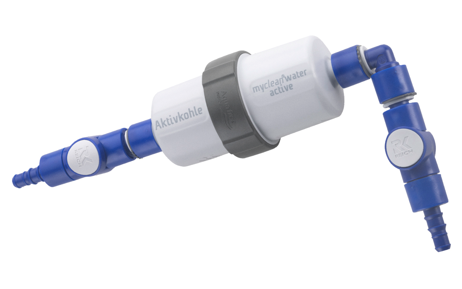 Blauwe en witte waterfilter met pijpen en verbindingsstukken