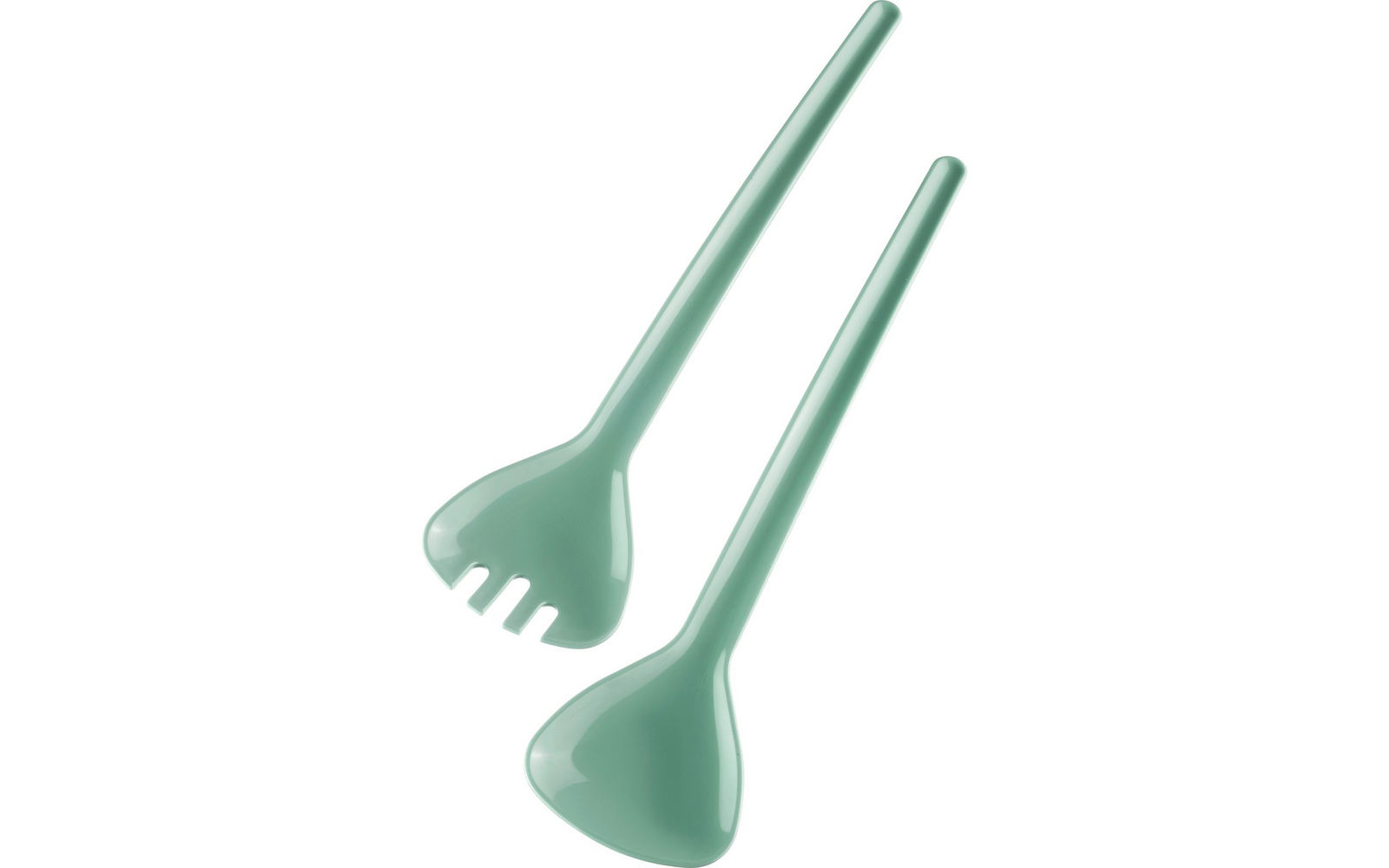 Deux longs ustensiles à salade en plastique vert clair : une cuillère de service et une fourchette de service avec des dents courtes