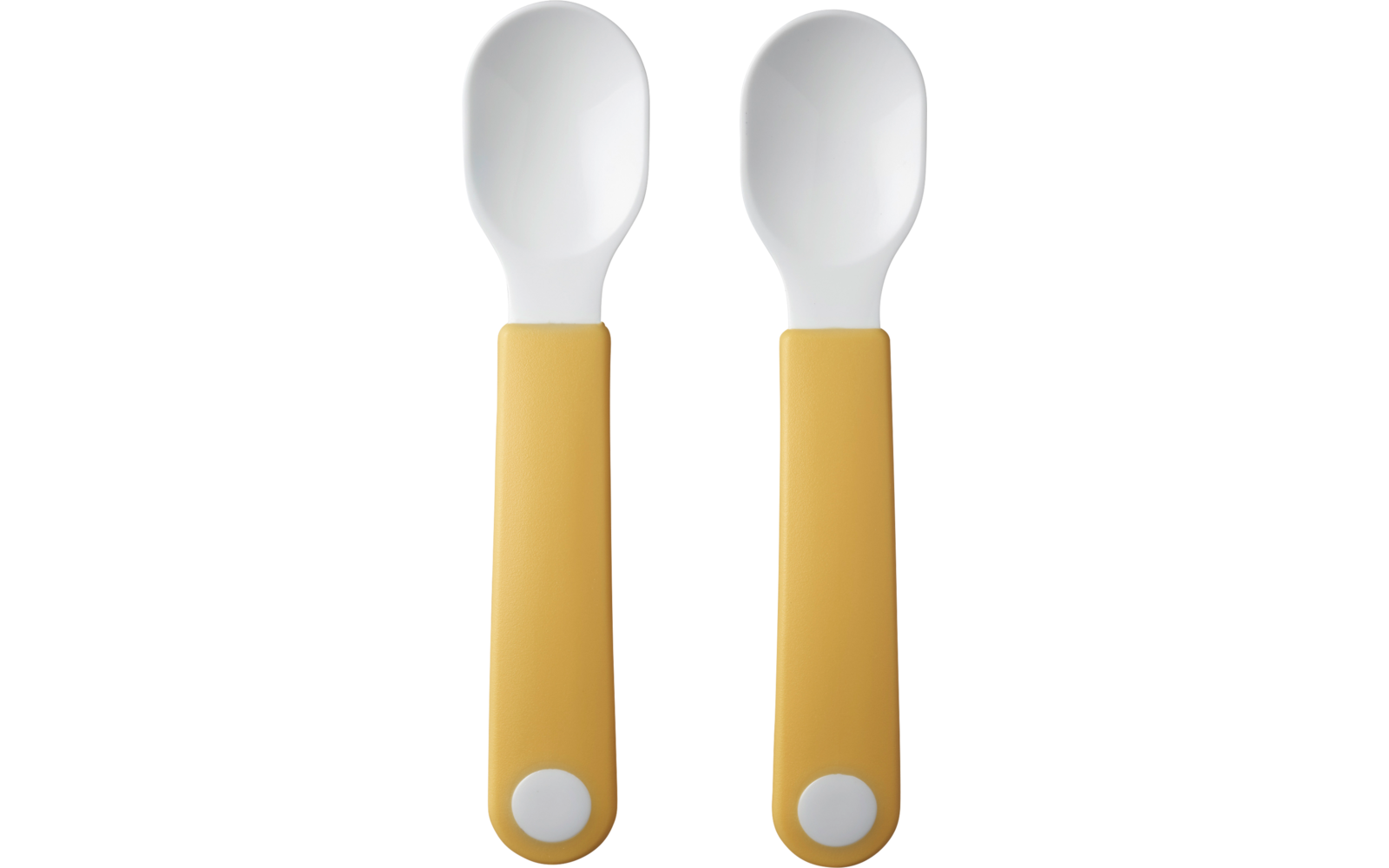 Zwei Löffel mit weißen Löffelköpfen und gelben Griffen auf weißem Hintergrund