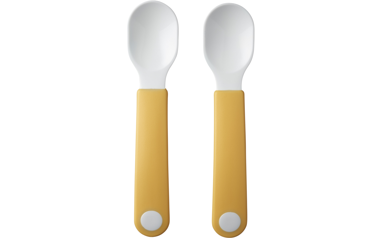 Zwei Löffel mit weißen Löffelköpfen und gelben Griffen auf weißem Hintergrund