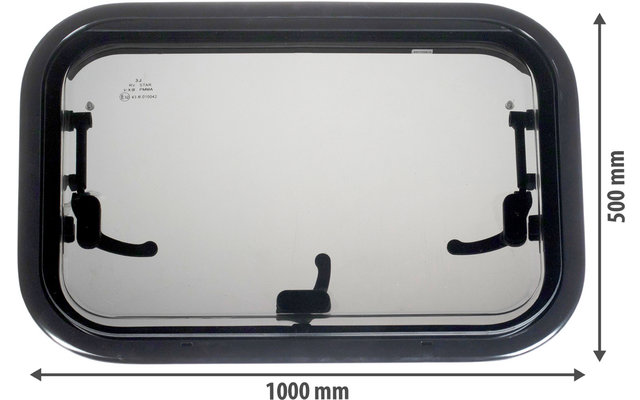 Ventana rectangular de barco con marco negro y cierre abierto