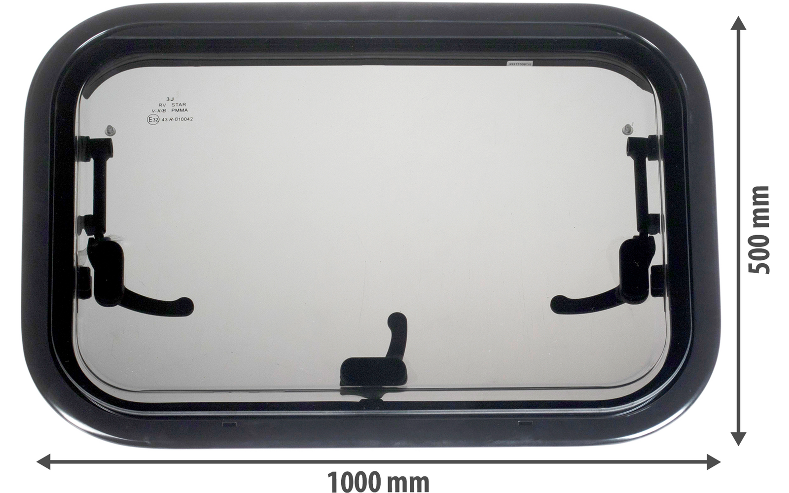 Ventana rectangular de barco con marco negro y cierre abierto