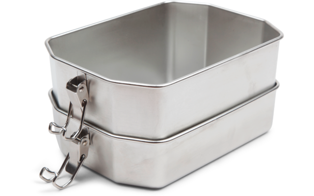 Deux récipients rectangulaires en acier inox empilés, avec fermoirs métalliques sur le côté