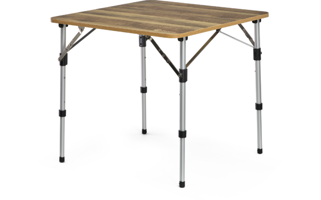 Table carrée avec plateau imitation bois et quatre pieds métalliques argentés avec raccords en plastique noir