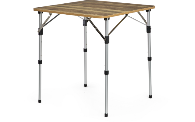 Table carrée avec plateau couleur bois sur quatre pieds métalliques argentés réglables avec connecteurs noirs en plastique et entretoises métalliques diagonales, fond blanc