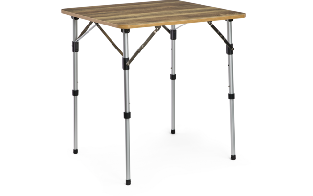 Table carrée avec plateau aspect bois et quatre pieds métalliques argentés avec traverses