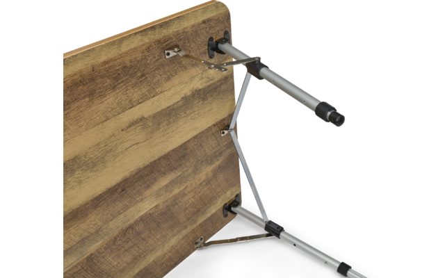 Plateau de table en bois avec veinage visible ; en dessous, pieds métalliques télescopiques argentés, barres de soutien triangulaires et embouts en plastique noirs