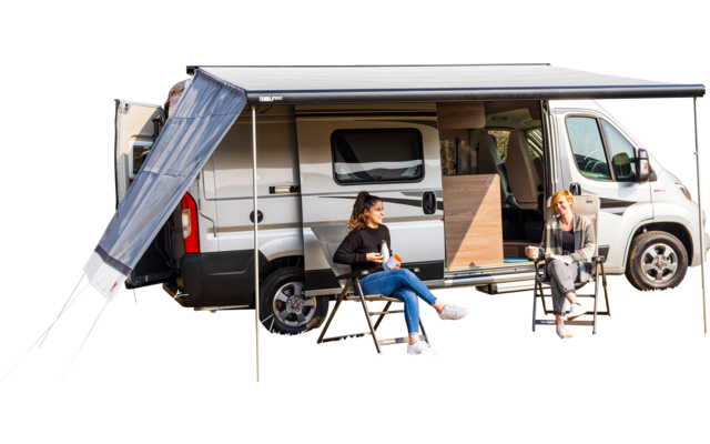 Weißer Camper-Van mit ausgefahrener Markise auf einer Wiese vor kahlen Bäumen; zwei Personen sitzen an einem kleinen Tisch vor der offenen Seitentür