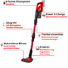 Aspirateur balai rouge avec bac à poussière transparent et poignée noire sur fond blanc, accompagné de lignes rouges, flèches et étiquettes indiquant pièces et accessoires