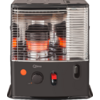 Front view of a portable heater with metal grille, two glowing red heating elements, rotary knob, switch, and Qlima logo