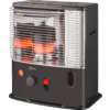 Black heater with metal grille, glowing orange heating elements and control knobs