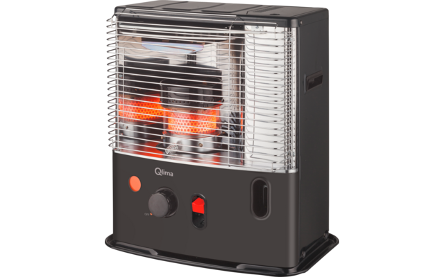Black heater with metal grille, glowing orange heating elements and control knobs