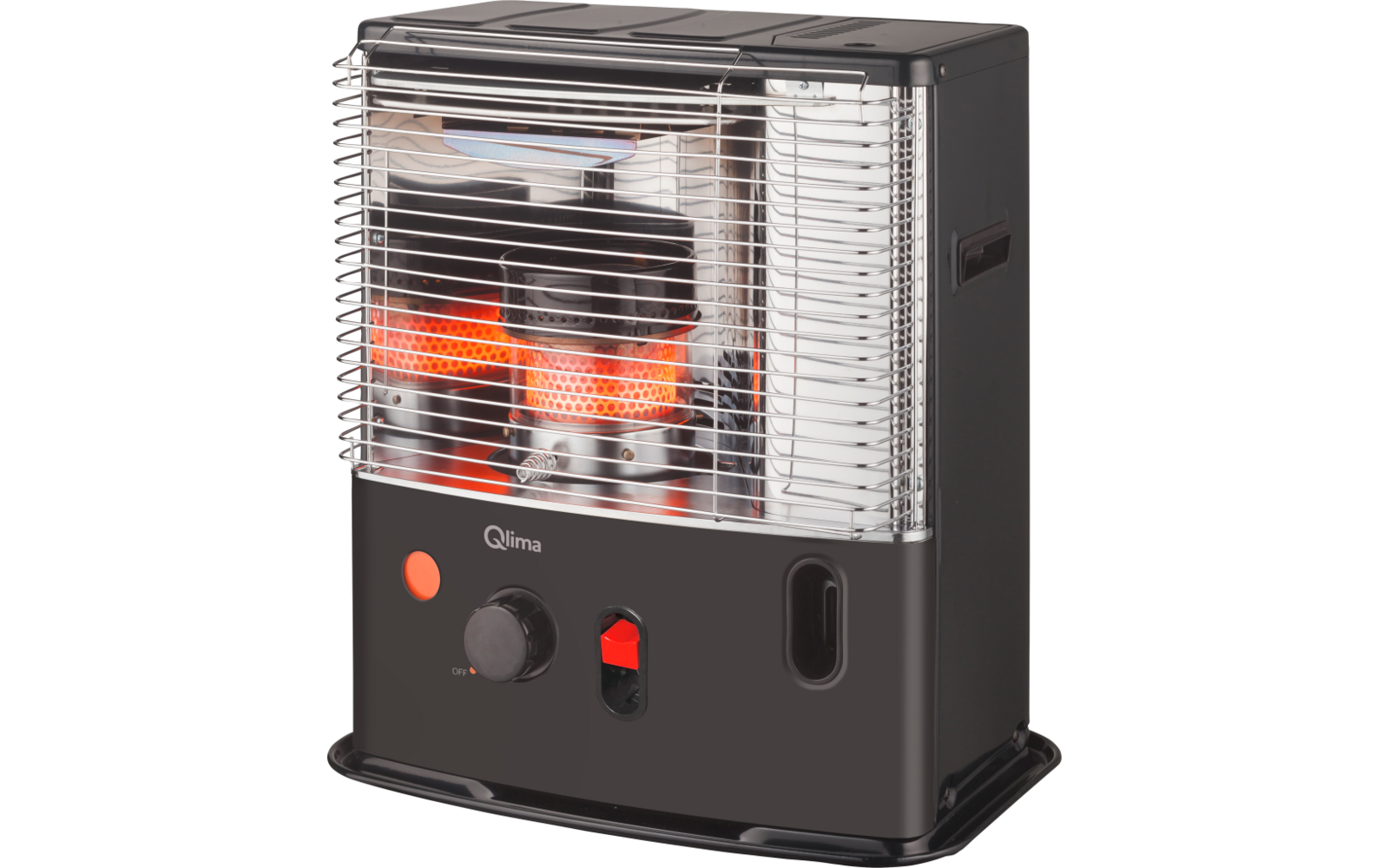 Black heater with metal grille, glowing orange heating elements and control knobs