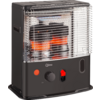 Black rectangular device with metal grille, visible orange glowing elements, a black rotary knob, a red switch and the word Qlima