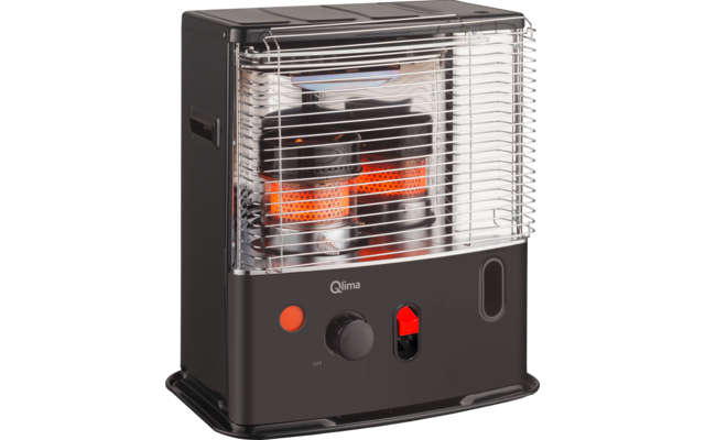 Black rectangular device with metal grille, visible orange glowing elements, a black rotary knob, a red switch and the word Qlima