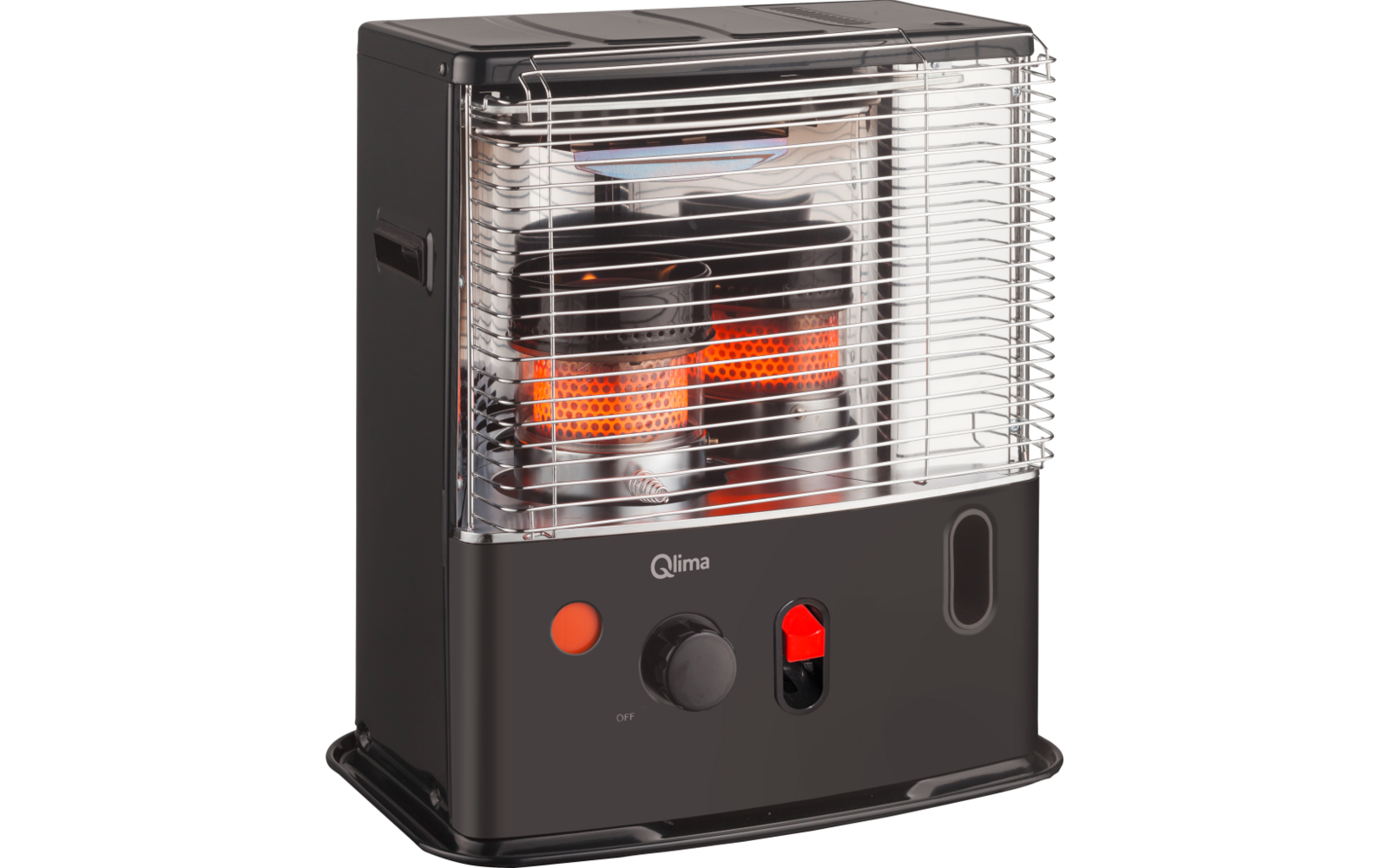 Black rectangular device with metal grille, visible orange glowing elements, a black rotary knob, a red switch and the word Qlima