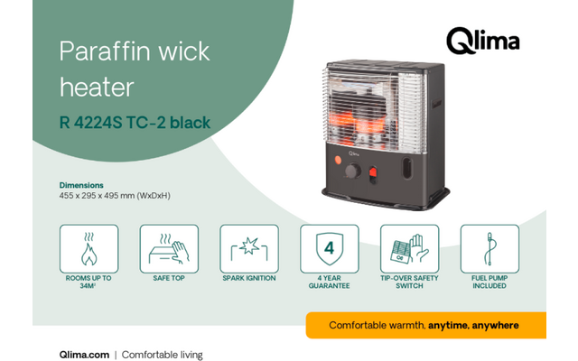Black paraffin wick heater with glowing burner visible behind a metal grille, two round controls and Qlima logo; left side shows product name, dimensions and icons on a light green background