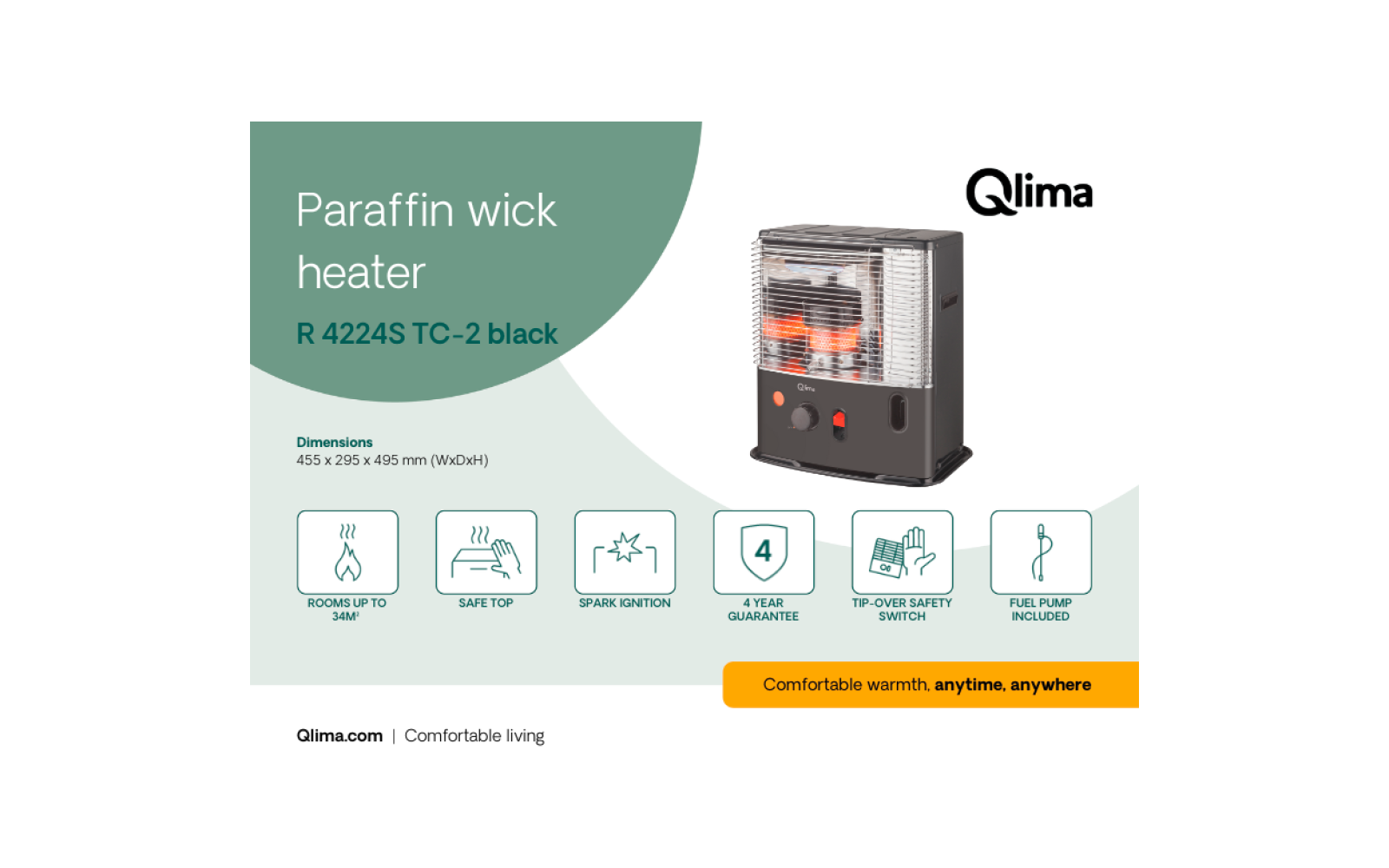 Black paraffin wick heater with glowing burner visible behind a metal grille, two round controls and Qlima logo; left side shows product name, dimensions and icons on a light green background