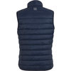 Donkerblauw gewatteerd donzen vest met capuchon, achterkant