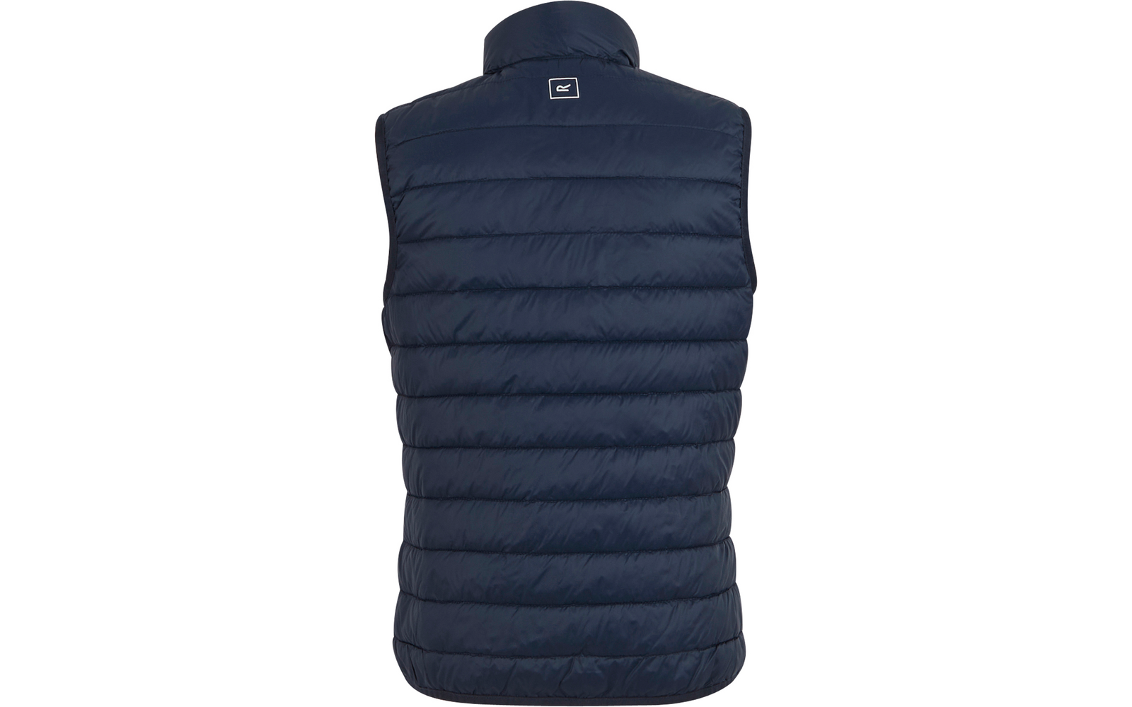Donkerblauw gewatteerd donzen vest met capuchon, achterkant