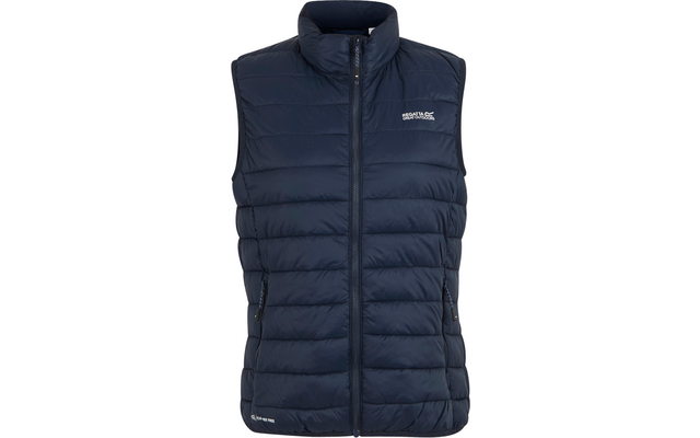 Donkerblauwe doorgestikte mouwloze bodywarmer met rits en opstaande kraag