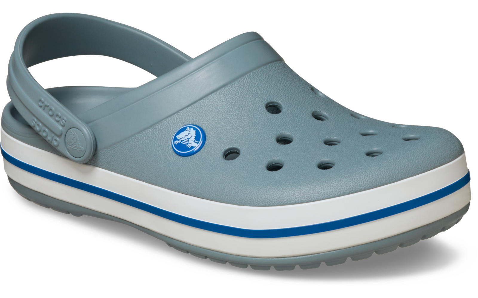 Lichtblauwe klomp met hielriem, ronde ventilatiegaten, ronde logoplaat en witte zool met blauwe strepen